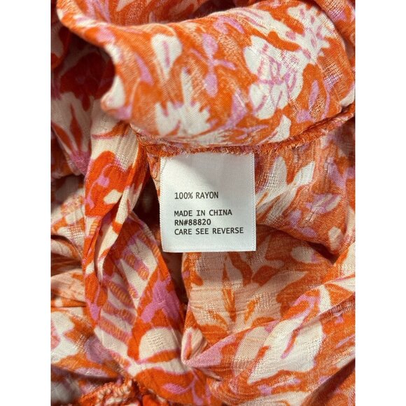 Rachel Zoe Pink Orange Floral Button Up Waist Crop Top Flounce Sleeve Blouse - Picture 6 of 10